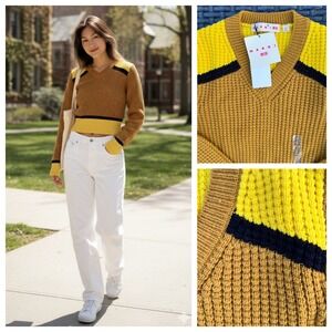 MARNI x Uniqlo Cropped Sweater Women's Popcorn Knit Yellow Brown XS Preppy Y2K
